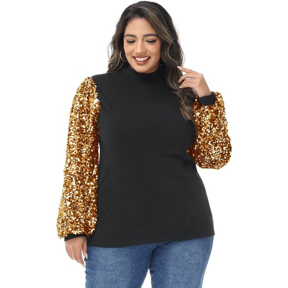 Women's Plus Size Sparkle Sequin Sweatshirt Mock Neck Long Sleeve Glitter Top - Picture 2 of 5